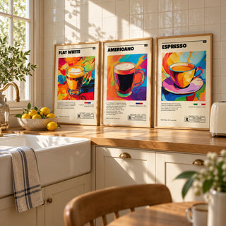 Coffee Prints Set of 3 styled on a butcher-block kitchen worktop against cream tiles: Flat White Cafe Art, Americano Cafe Art and Espresso Cafe Art shown framed side by side (frames not included)
