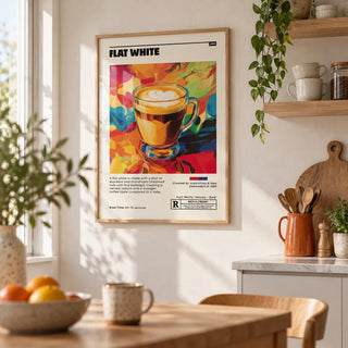 Coffee Shop Wall Art, framed on the wall of a bright Scandinavian kitchen