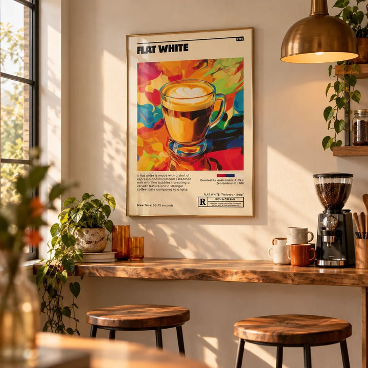 Coffee Shop Wall Art, framed on the wall of a home café bar in a kitchen