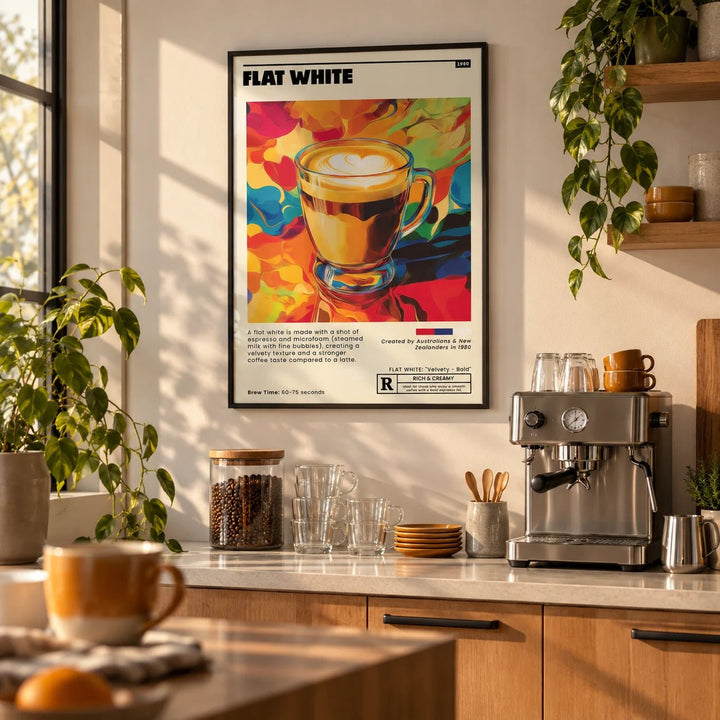 Coffee Shop Wall Art, framed on the wall of a modern kitchen coffee corner