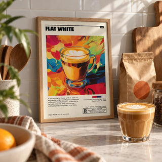 Coffee Shop Wall Art, a small A4 framed print leaning on a kitchen worktop