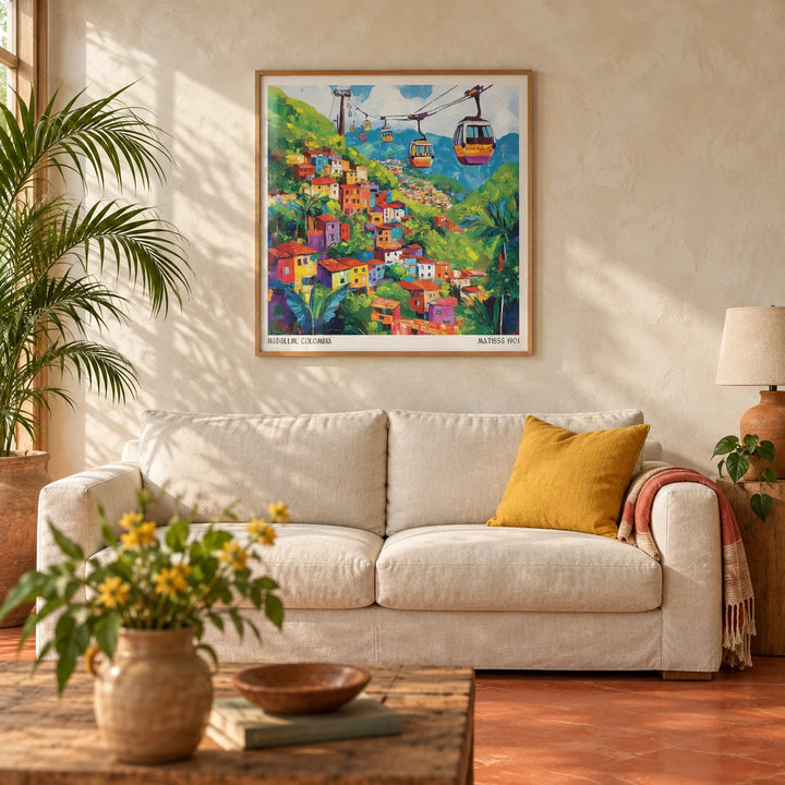 Colombia Wall Art, framed on the wall of a warm Latin-modern living room with a limewashed cream wall and a plain terracotta floor