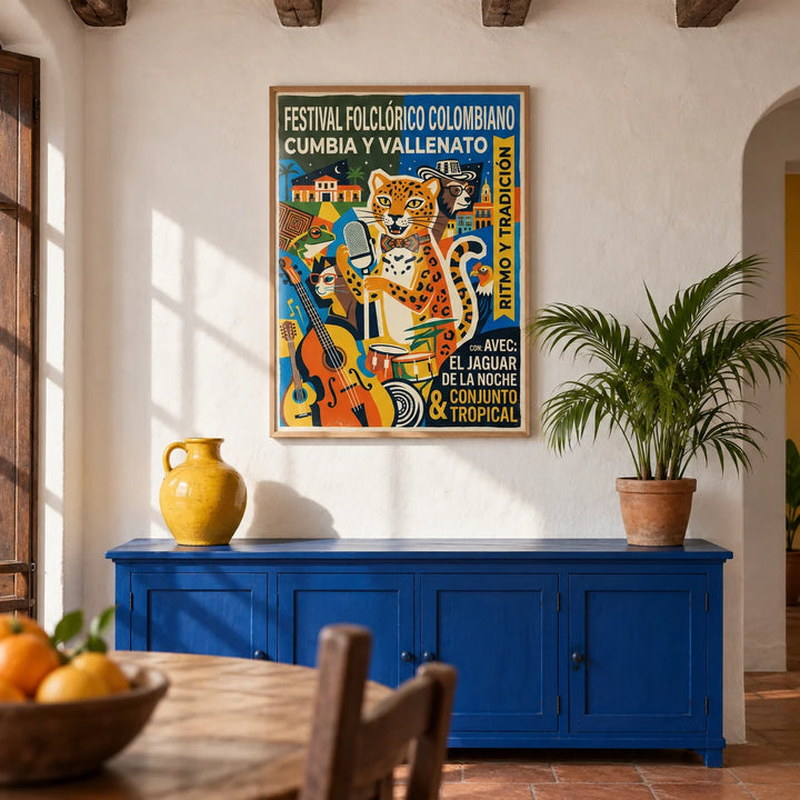 Colombian Music Art Print, framed on the wall of a Cartagena-style living room with whitewashed plaster walls