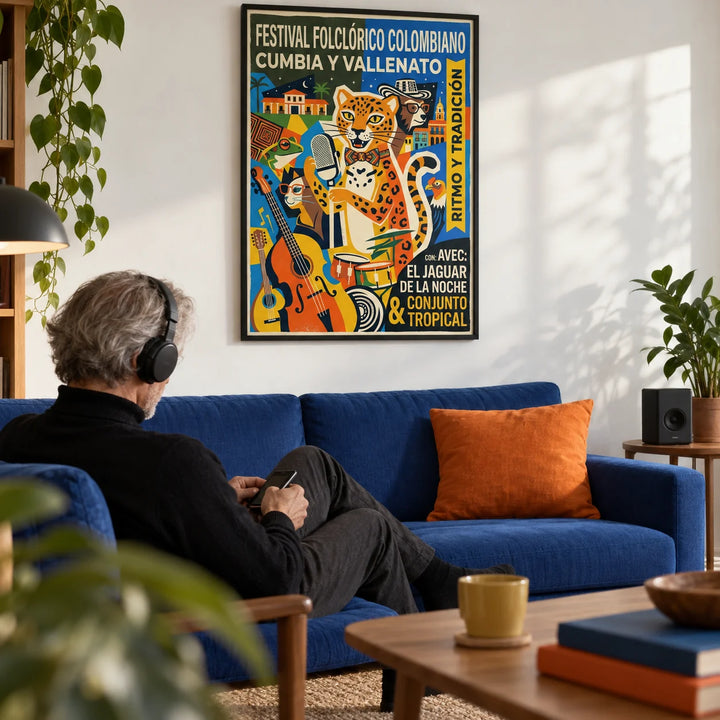 Colombian Music Art Print, framed on the wall of a first-flat living room (22-30) with a white wall