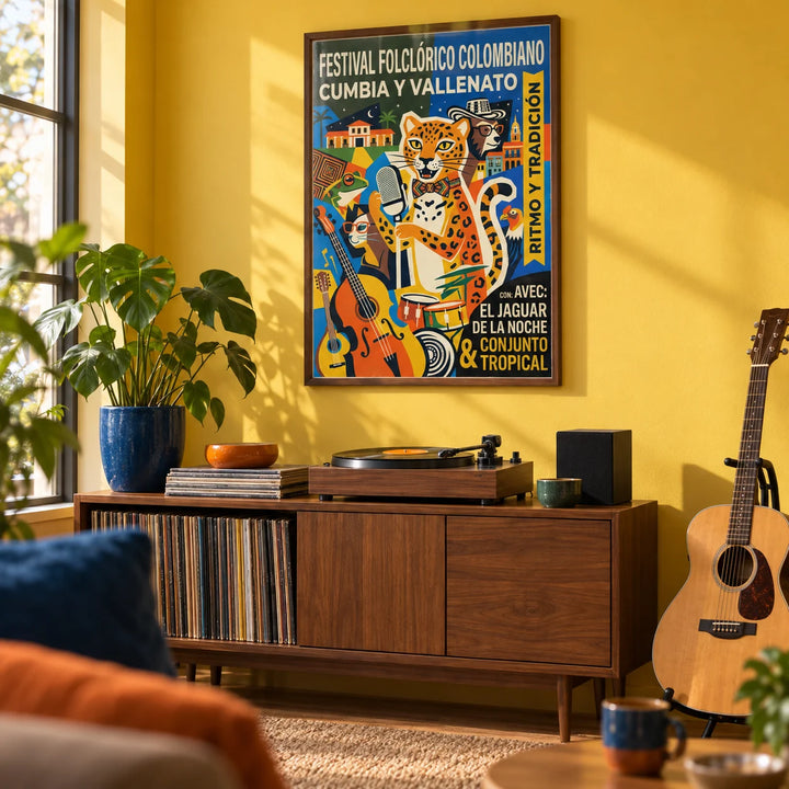 Colombian Music Art Print, framed on the wall of a music corner in a modern flat with a sunshine yellow painted wall