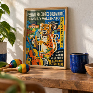 Colombian Music Art Print, a small A4 framed print leaning on a wooden shelf in a living room