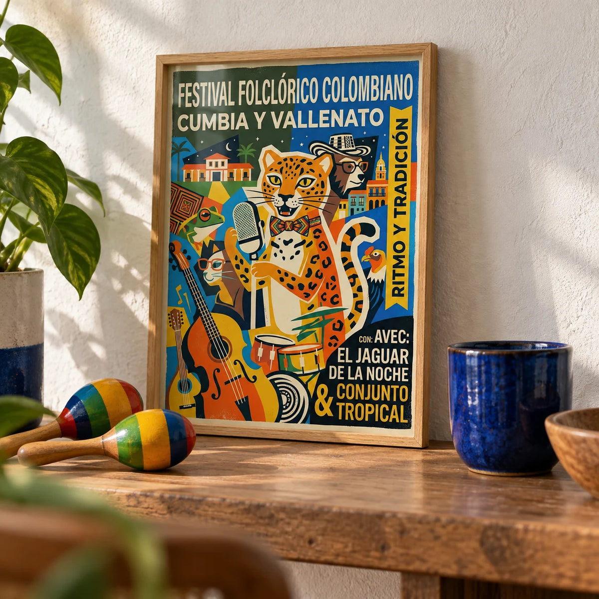 Colombian Music Art Print, a small A4 framed print leaning on a wooden shelf in a living room