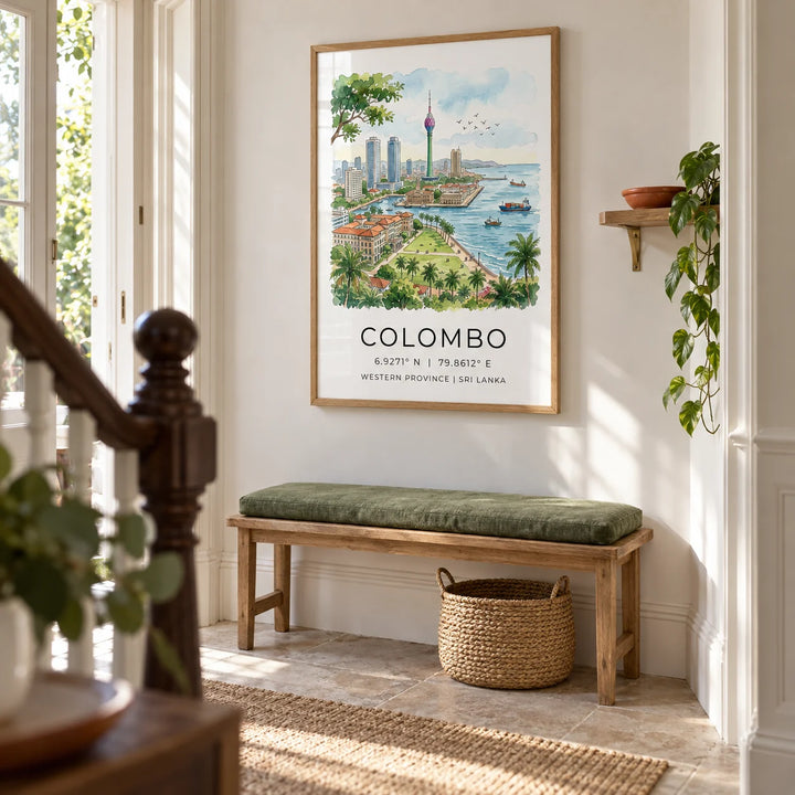 Colombo Skyline Art Print, framed on the wall of a bright hallway in a UK Victorian terrace with a soft white wall and pale stone floor