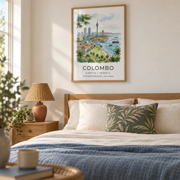 Colombo Skyline Art Print, framed on the wall of a calm coastal bedroom in a UK home with a warm white wall