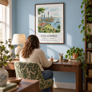 Colombo Skyline Art Print, framed on the wall of a quiet home study for a travel-loving adult in a UK flat with a pale blue wall