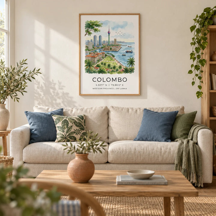 Colombo Skyline Art Print, framed on the wall of a relaxed coastal living room in a UK terraced home with warm white plaster walls and an oak floor