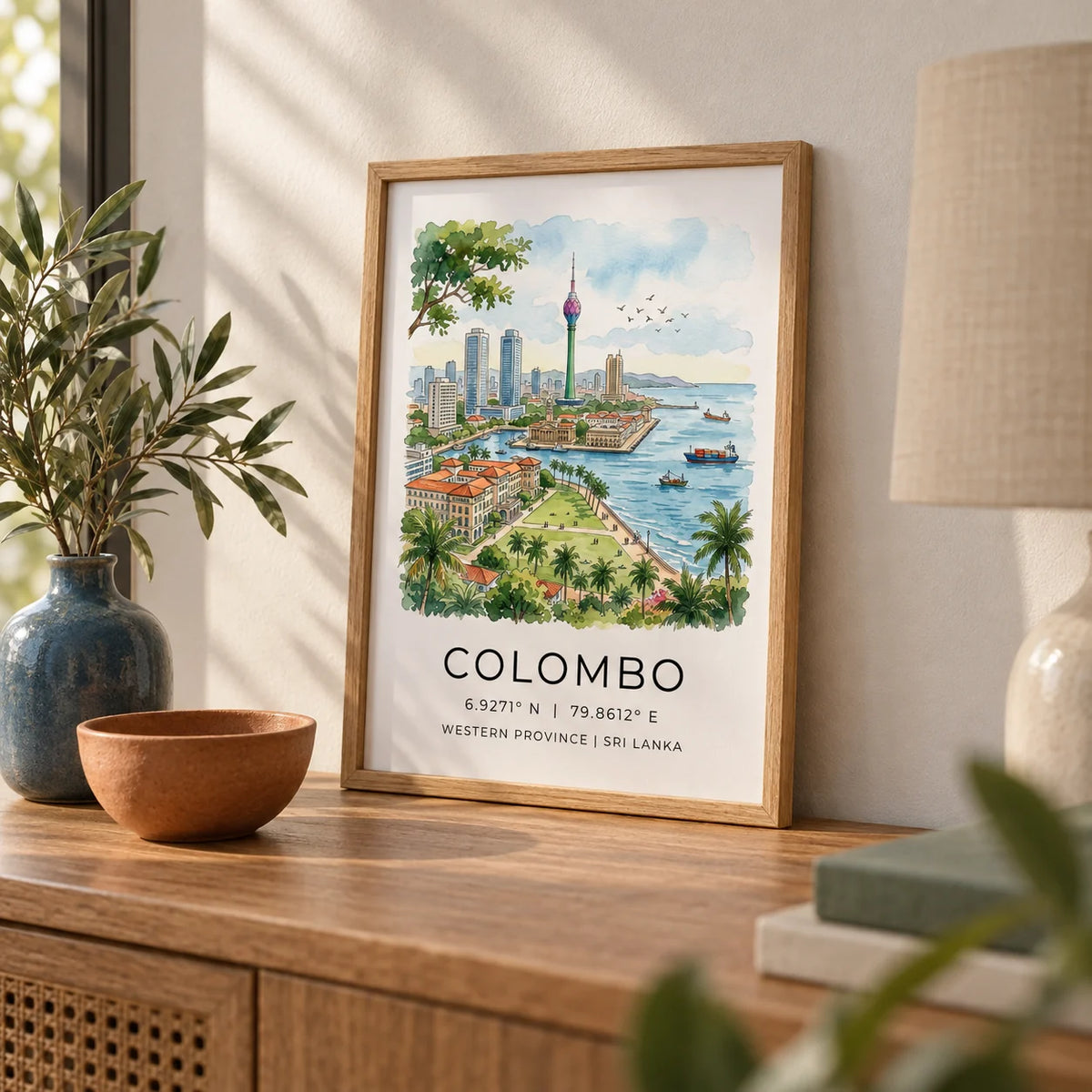 Colombo Skyline Art Print, a small A4 framed print leaning on an oak side table in a hallway