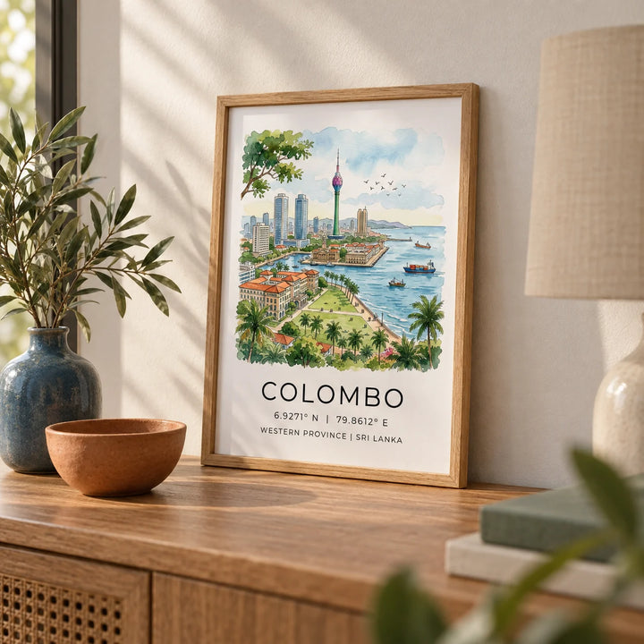 Colombo Skyline Art Print, a small A4 framed print leaning on an oak side table in a hallway