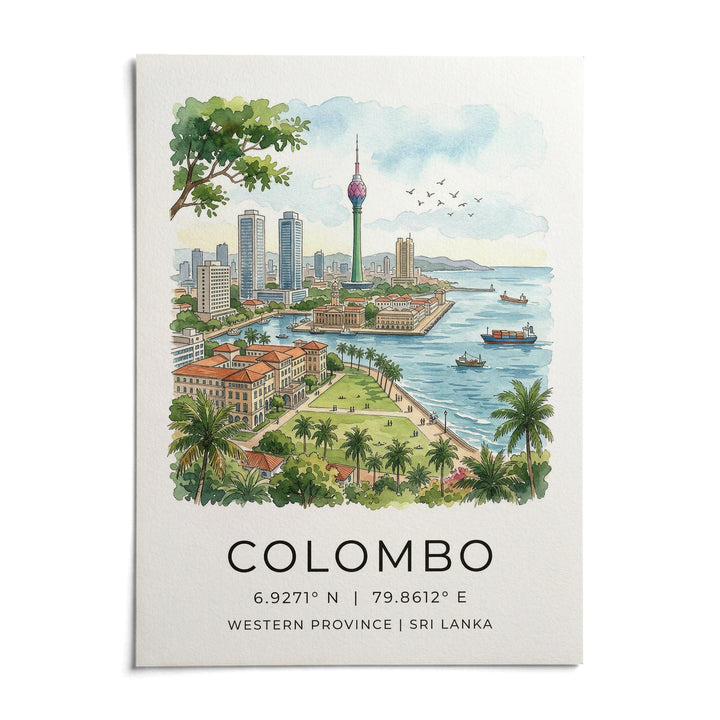 Colombo Skyline Art Print, shown as an unframed paper print on a plain white background