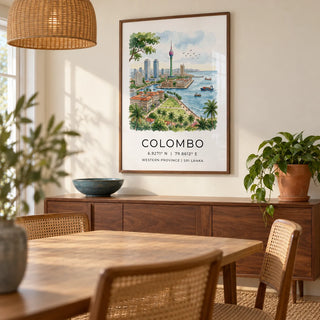 Colombo Skyline Art Print, framed on the wall of a warm dining room in a UK family home with a pale cream wall and a simple woven pendant