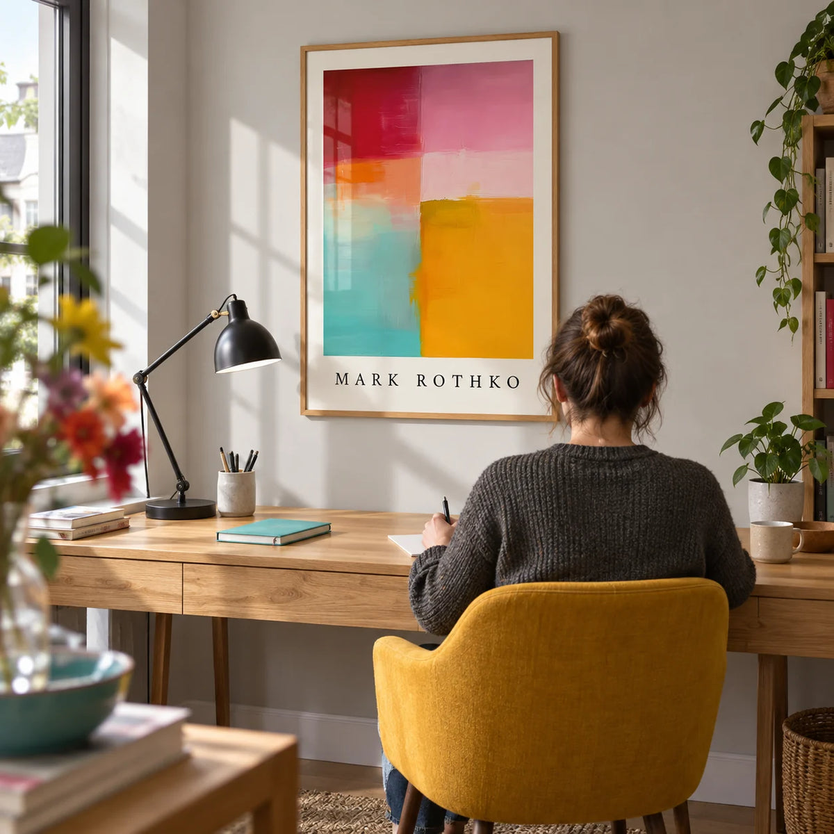 Color Block Art, framed on the wall of a bright home study in a design-conscious UK flat with a pale grey wall and a broad oak desk
