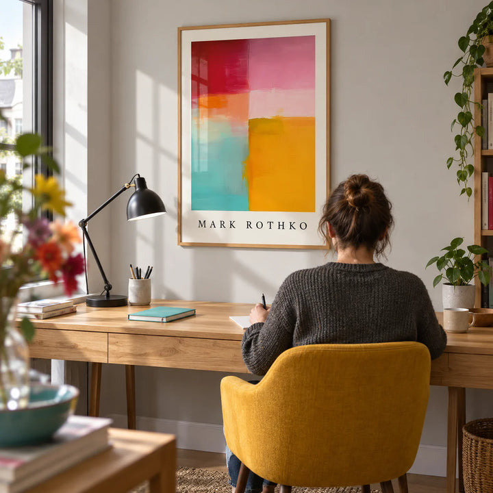 Color Block Art, framed on the wall of a bright home study in a design-conscious UK flat with a pale grey wall and a broad oak desk