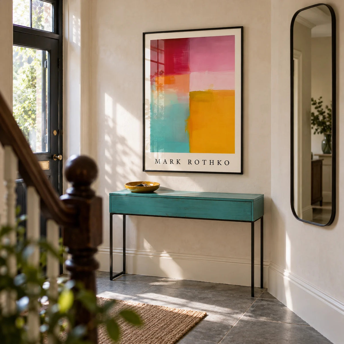 Color Block Art, framed on the wall of a characterful entrance hallway in a renovated UK terrace with pale plaster walls and a plain grey stone floor