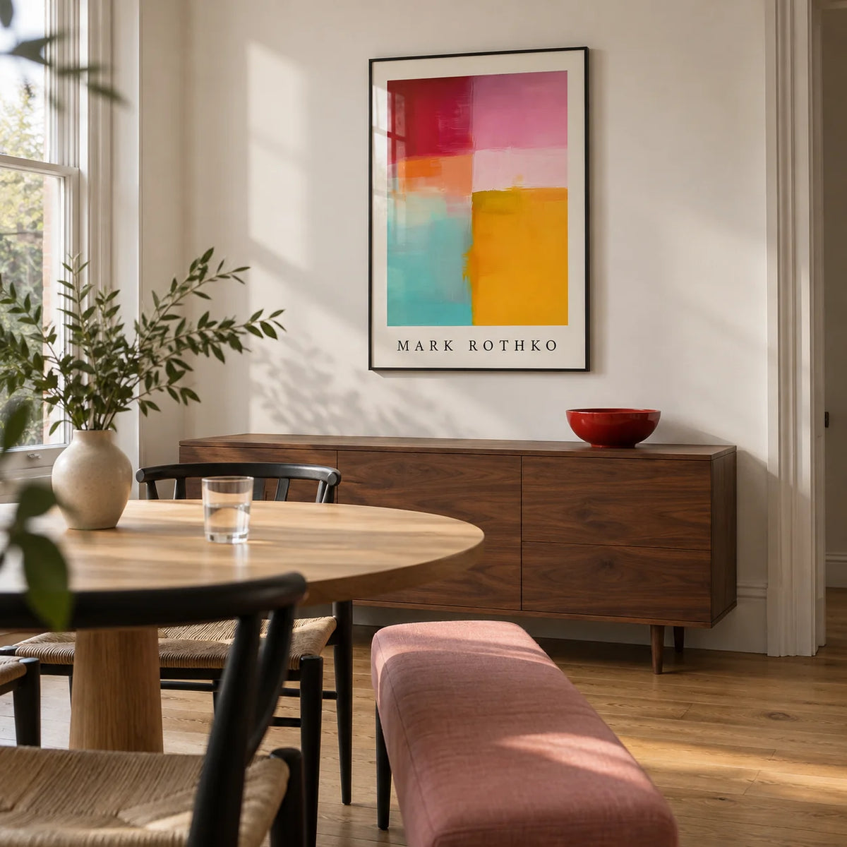 Color Block Art, framed on the wall of a compact contemporary dining room in a Victorian terrace with chalk-white walls and a plain oak floor