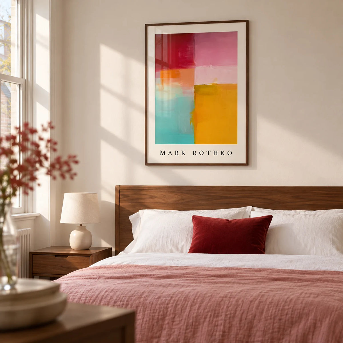 Color Block Art, framed on the wall of a crisp modern bedroom in a UK townhouse with warm white walls and a walnut headboard