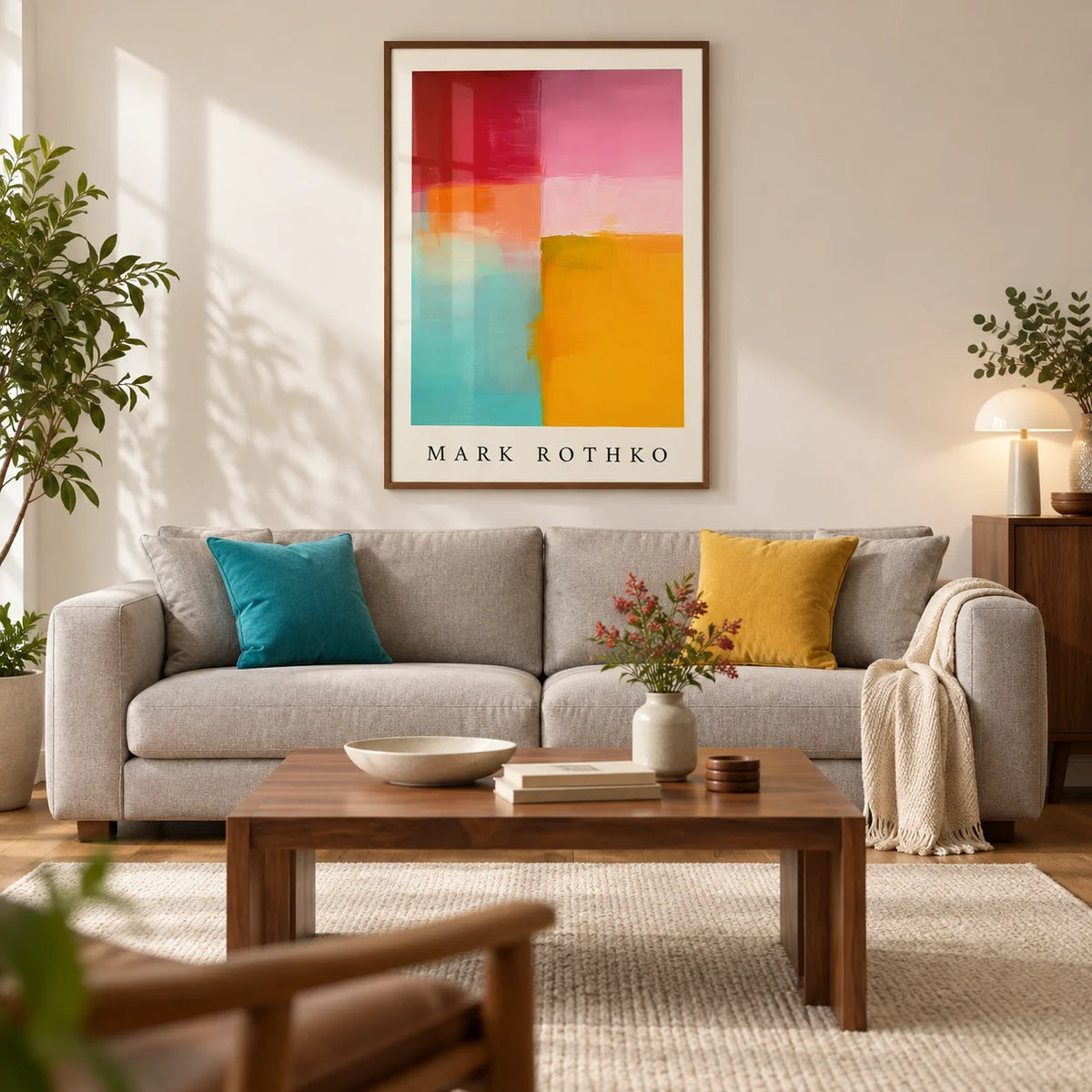 Color Block Art, framed on the wall of a modern living room in a UK city flat with warm white walls