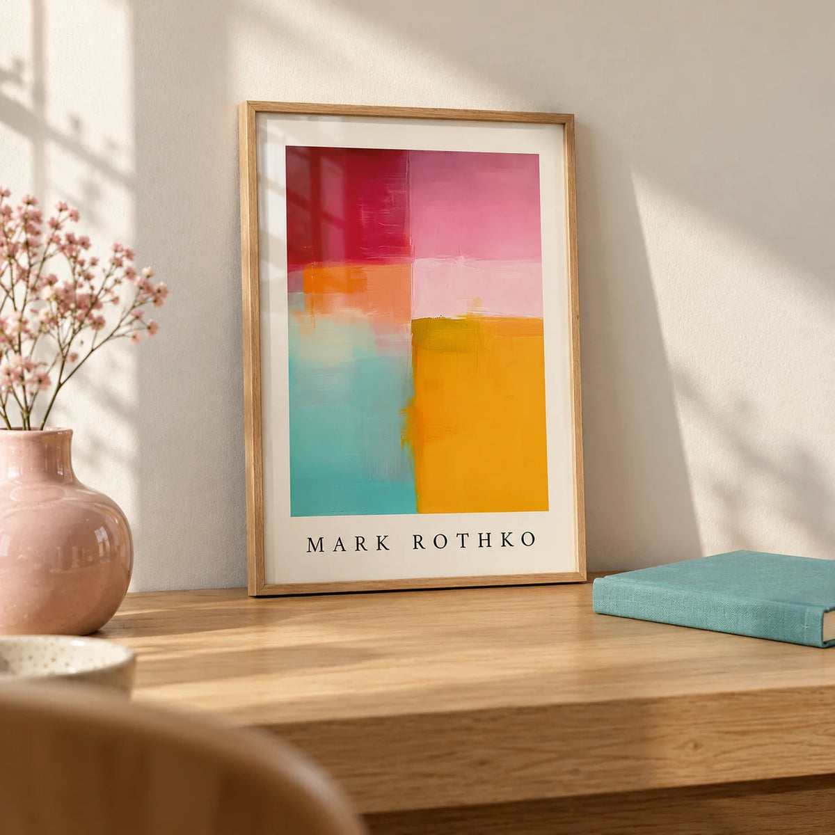 Color Block Art, a small A4 framed print leaning on a pale oak desk