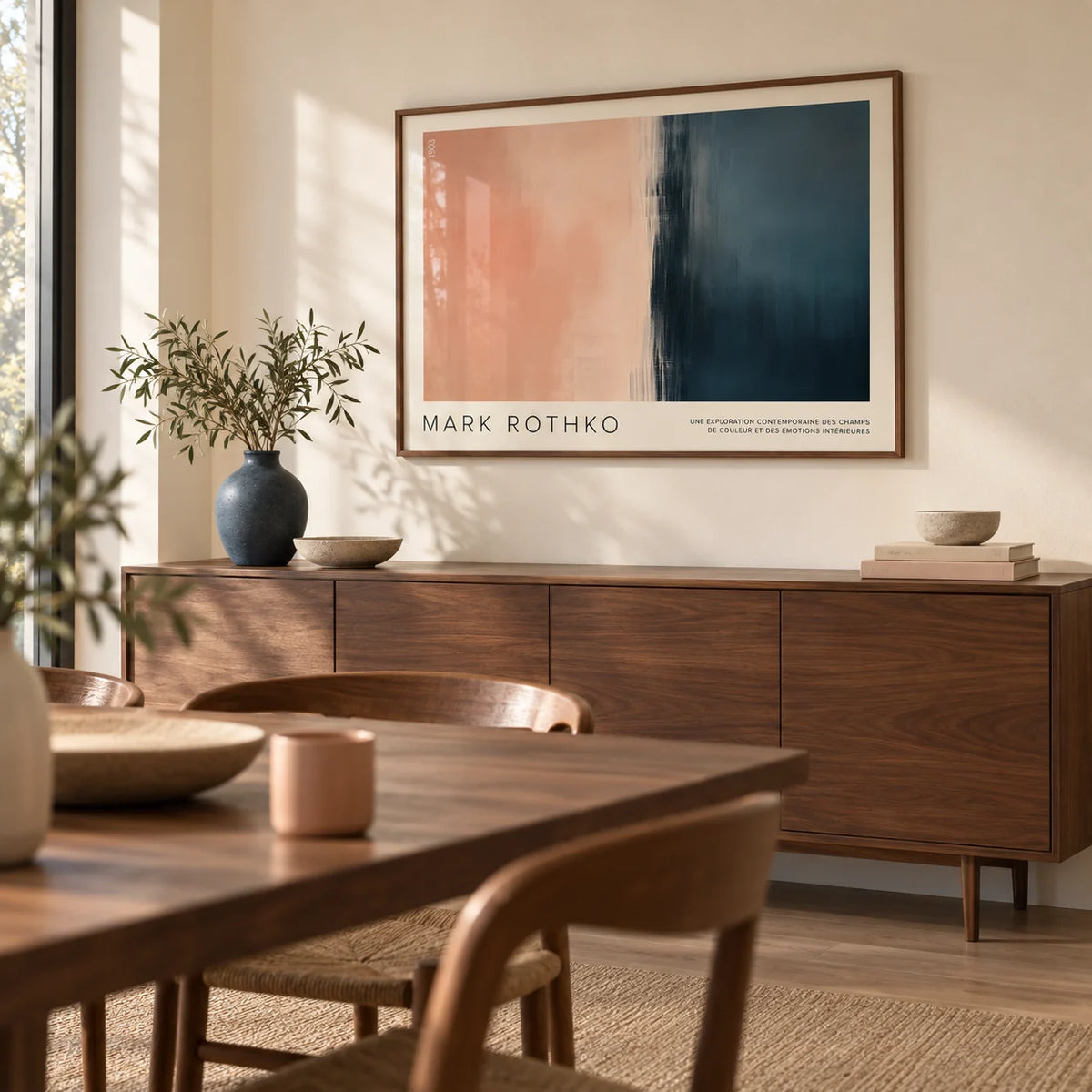 Color Block Wall Art, framed on the wall of a calm dining room with a cream wall