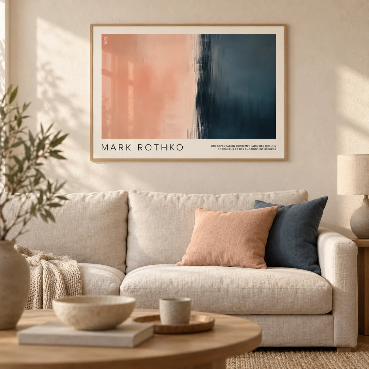 Color Block Wall Art, framed on the wall of a calm Japandi living room with a warm white limewashed wall
