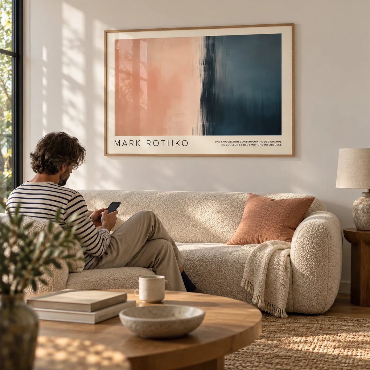 Color Block Wall Art, framed on the wall of a calm reading room with a soft white wall in a living room