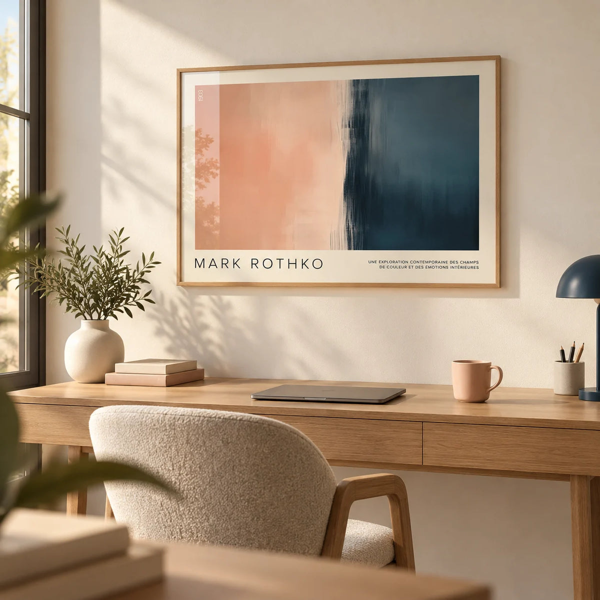 Color Block Wall Art, framed on the wall of a quiet home office with a warm white wall