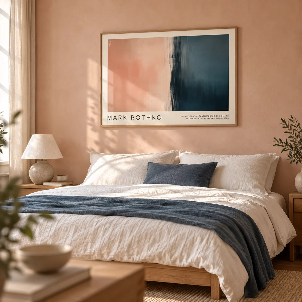 Color Block Wall Art, framed on the wall of a serene bedroom with a soft peach plastered wall