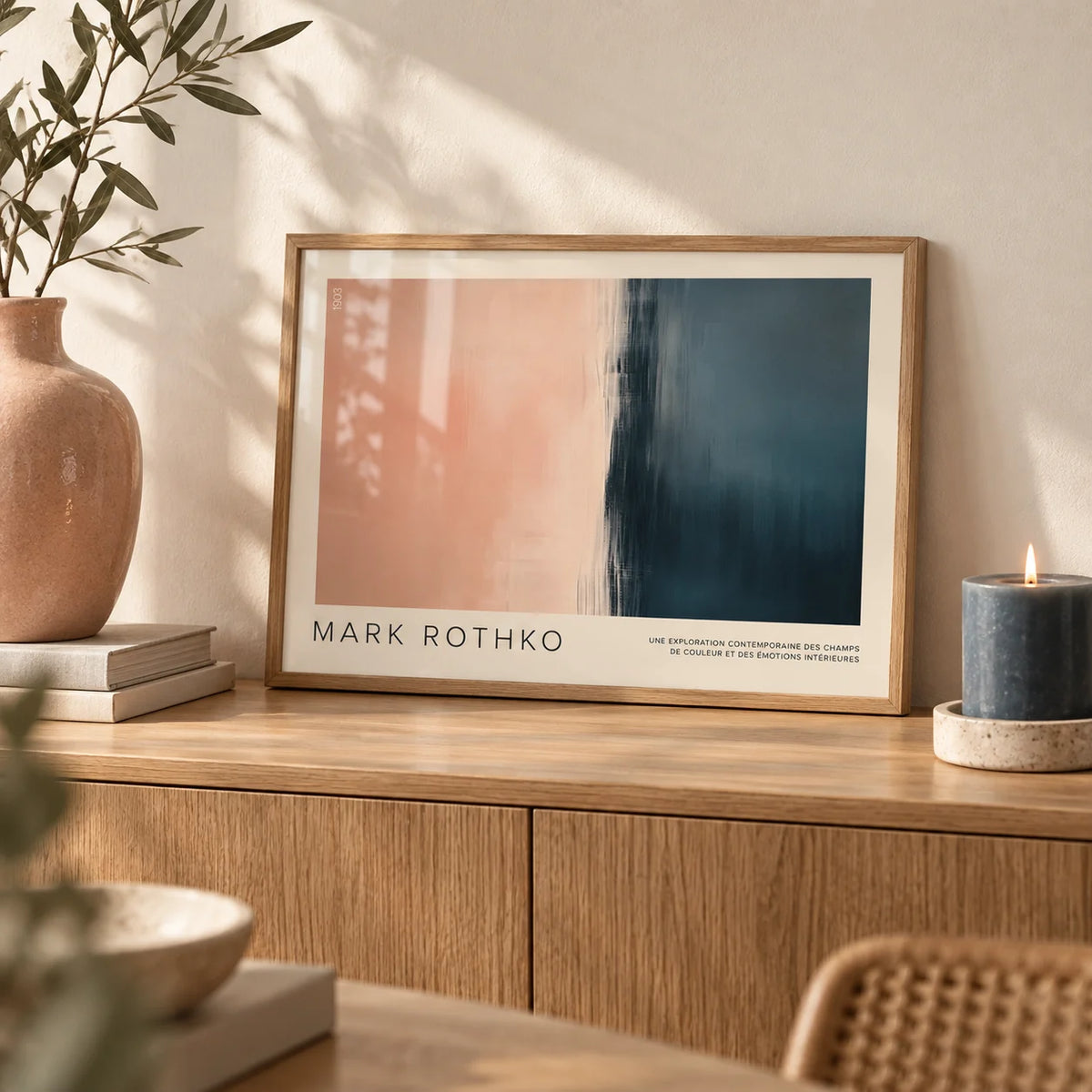 Color Block Wall Art, a small A4 framed print leaning on an oak sideboard in a living room