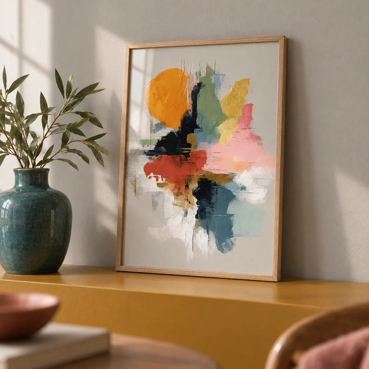 Colorful Abstract Art Print, a small A4 framed print leaning on a mustard painted shelf in a living room
