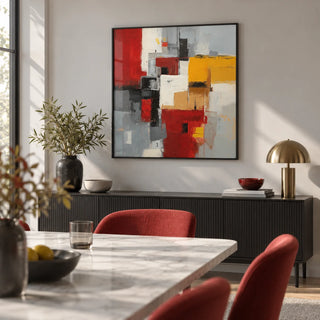 Colorful Abstract Poster Art, framed on the wall of a modern dining room with a light grey wall