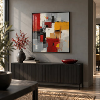 Colorful Abstract Poster Art, framed on the wall of a modern hallway with a grey wall