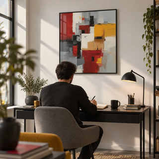 Colorful Abstract Poster Art, framed on the wall of a modern home office with a white wall