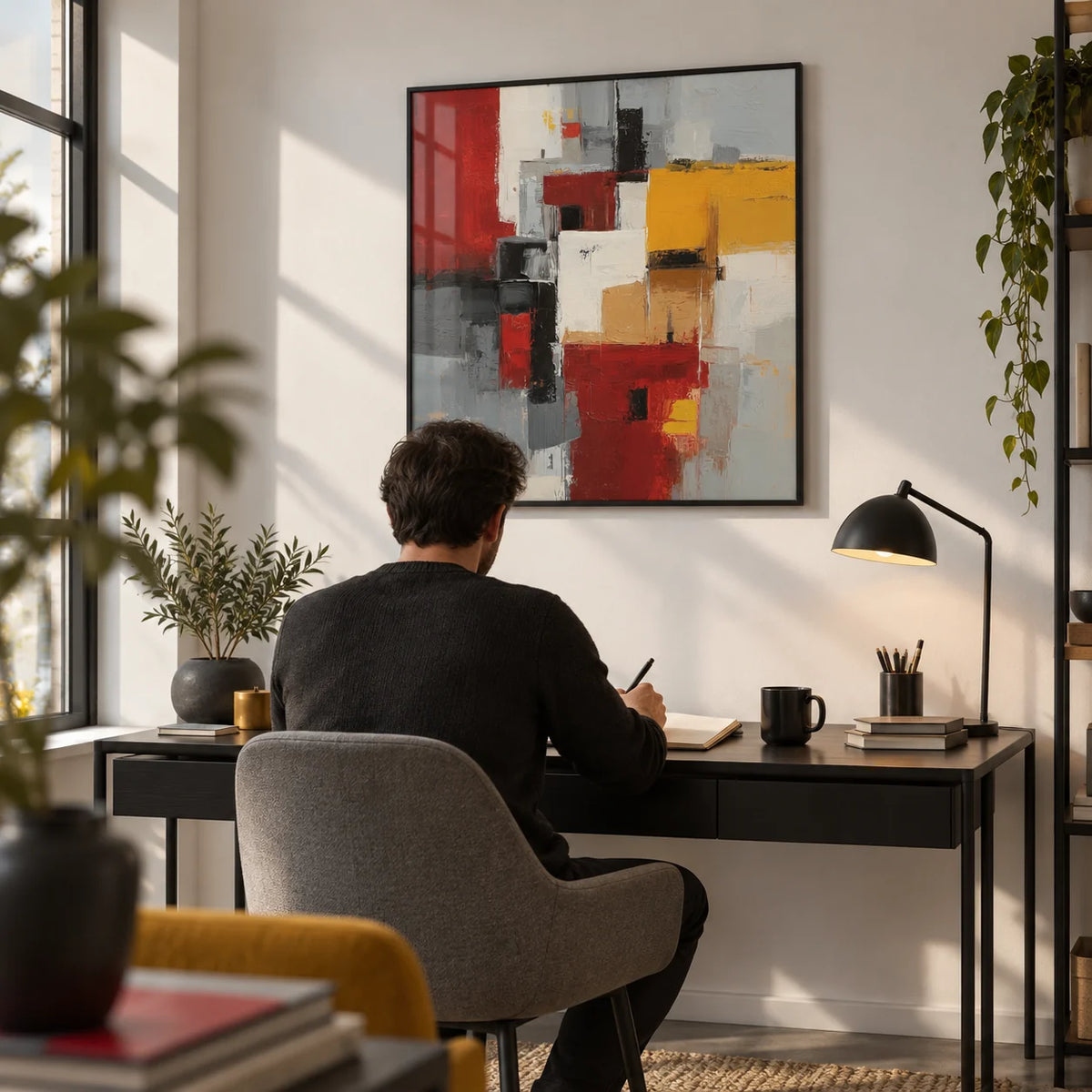 Colorful Abstract Poster Art, framed on the wall of a modern home office with a white wall