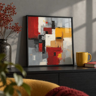 Colorful Abstract Poster Art, a small A4 framed print leaning on a black shelf in a living room