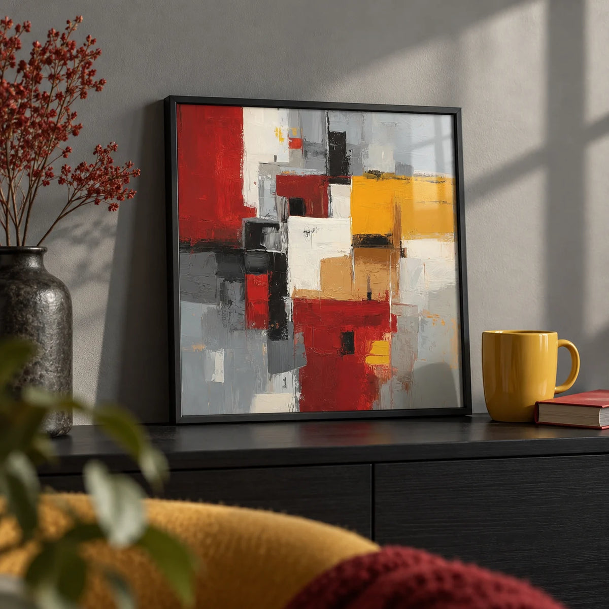 Colorful Abstract Poster Art, a small A4 framed print leaning on a black shelf in a living room
