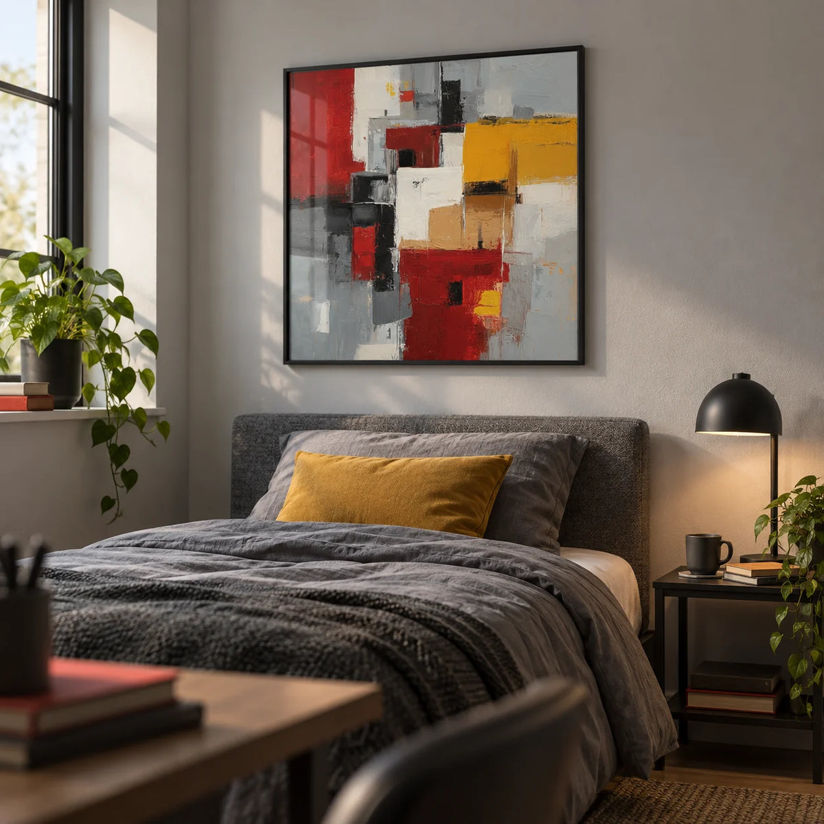 Colorful Abstract Poster Art, framed on the wall of a young man's single bedroom (18-25) with a pale grey wall