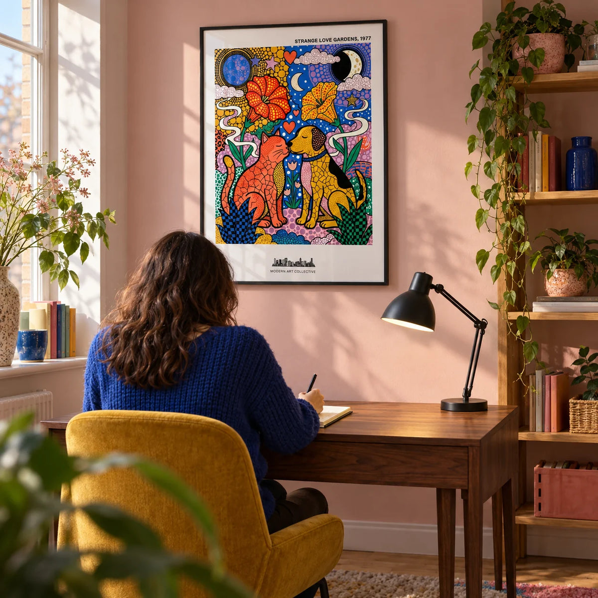 Colorful Animal Art Print, framed on the wall of a creative home study in a young adult's UK flat with a soft pink wall and simple oak shelving