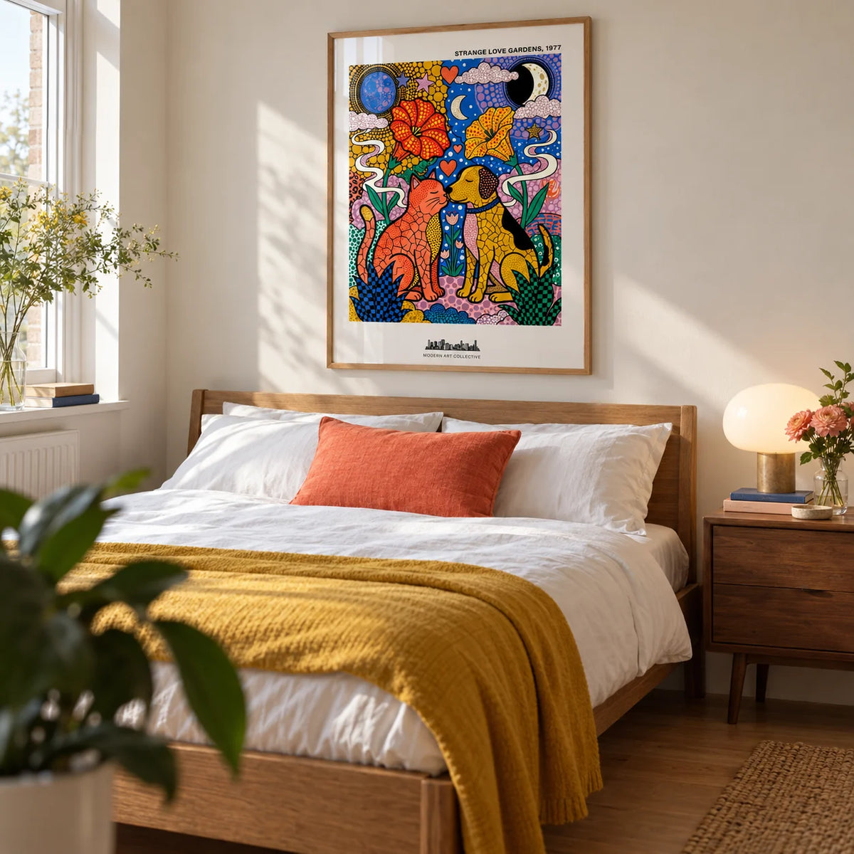Colorful Animal Art Print, framed on the wall of a modern bedroom in a design-conscious couple's UK flat with a warm white wall and oak flooring