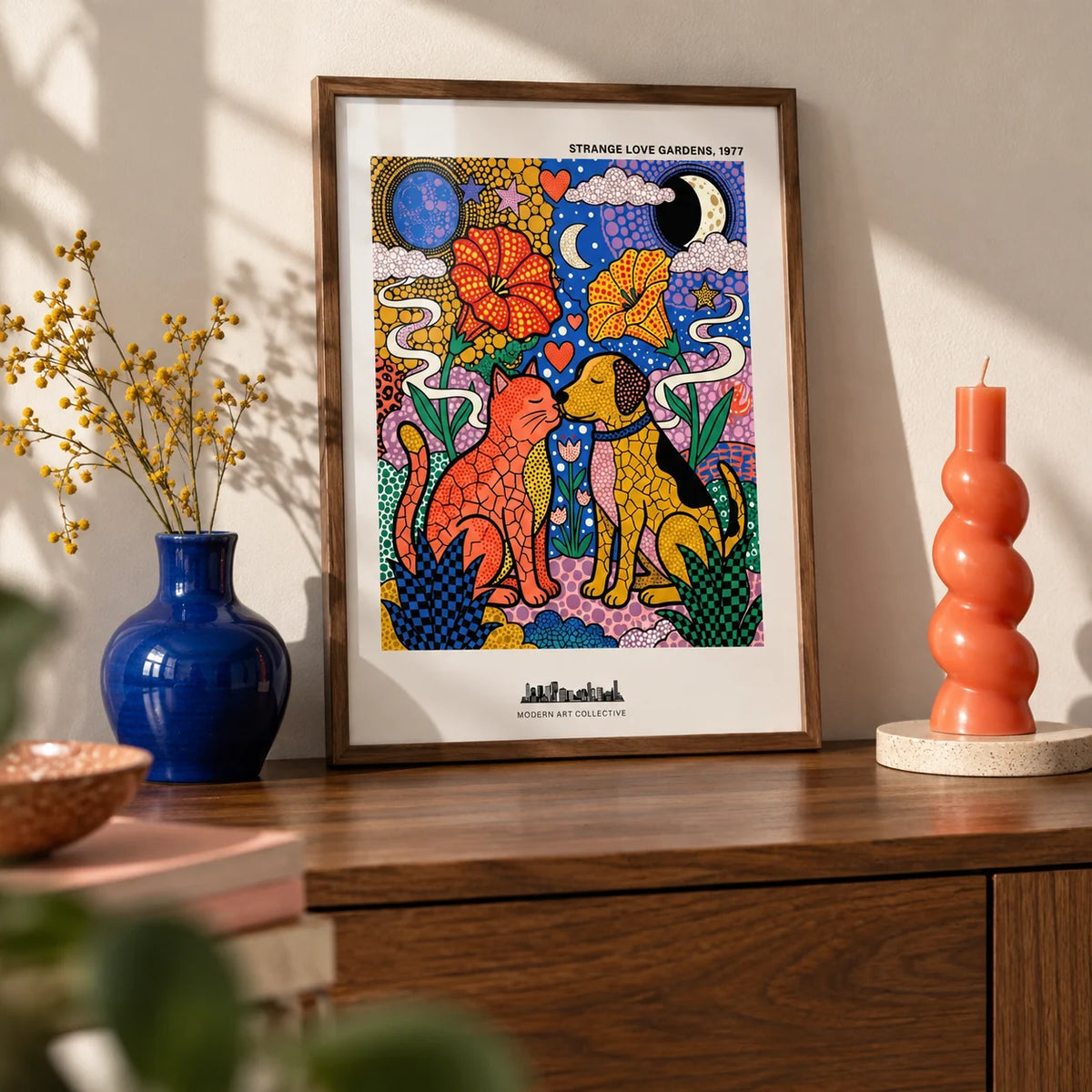 Colorful Animal Art Print, a small A4 framed print leaning on a walnut sideboard in a living room
