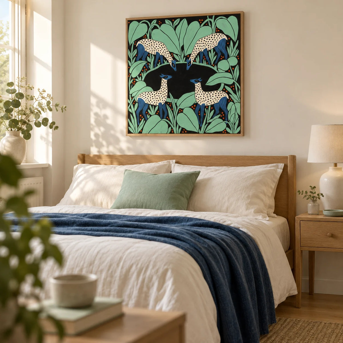 Colorful Animal Wall Art, framed on the wall of a calm adult bedroom in a UK home with a soft cream wall and pale oak floor