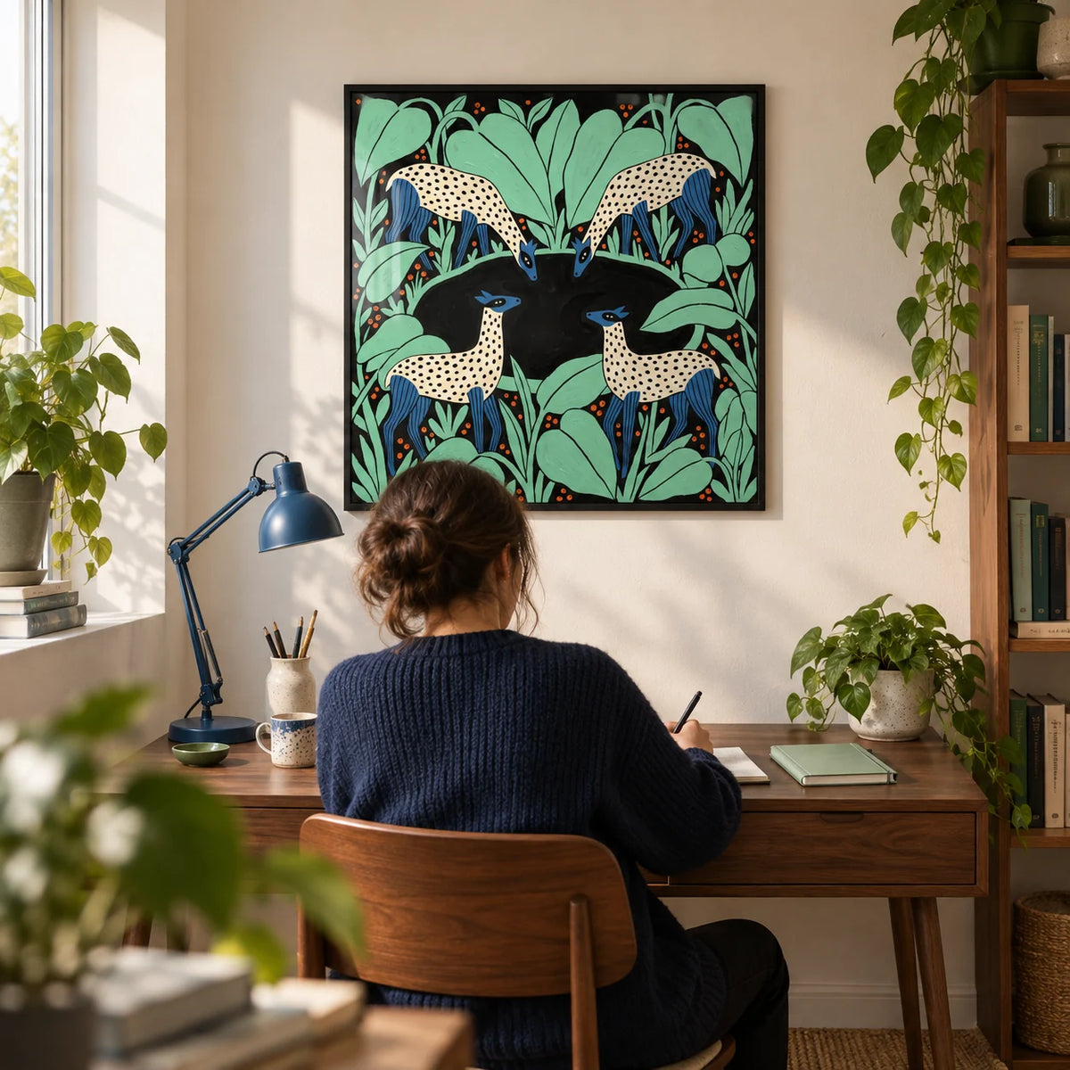 Colorful Animal Wall Art, framed on the wall of a compact home study in a UK first flat for an art lover aged 25-35