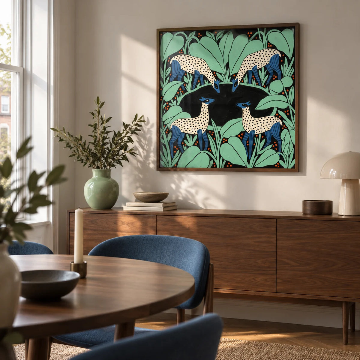 Colorful Animal Wall Art, framed on the wall of a design-led dining room in a UK flat with pale warm grey walls and simple walnut furniture