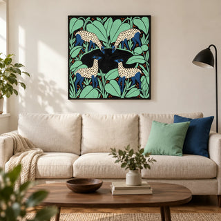 Colorful Animal Wall Art, framed on the wall of a modern living room in a UK terraced house with a warm white wall