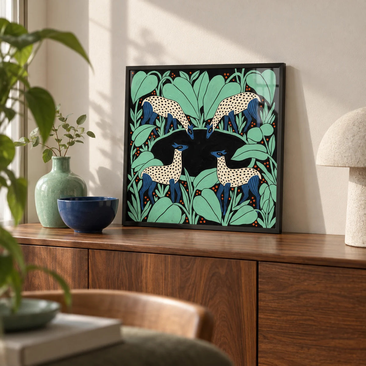 Colorful Animal Wall Art, a small A4 framed print leaning on a walnut sideboard in a living room