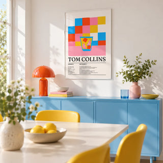 Colorful Bar Prints, framed on the wall of a bright dining room with a white wall