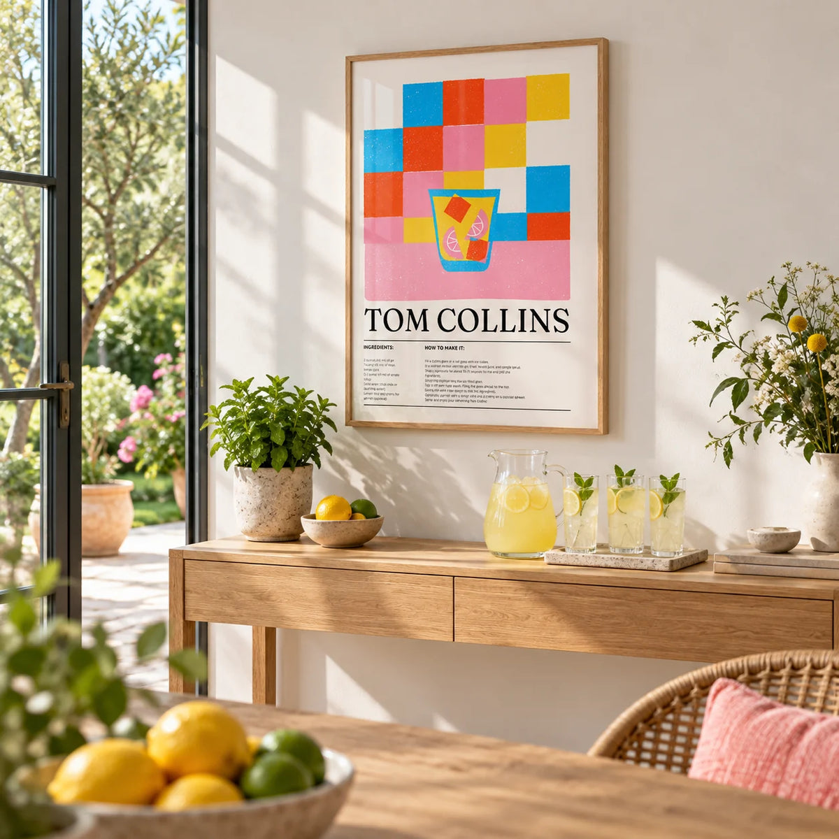 Colorful Bar Prints, framed on the wall of a bright garden room with glass doors and a white wall in a hallway